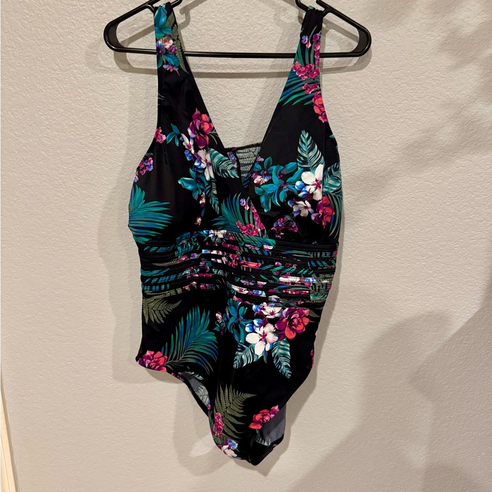Tropical Floral One-Piece Swimsuit - Black and Aqua Green